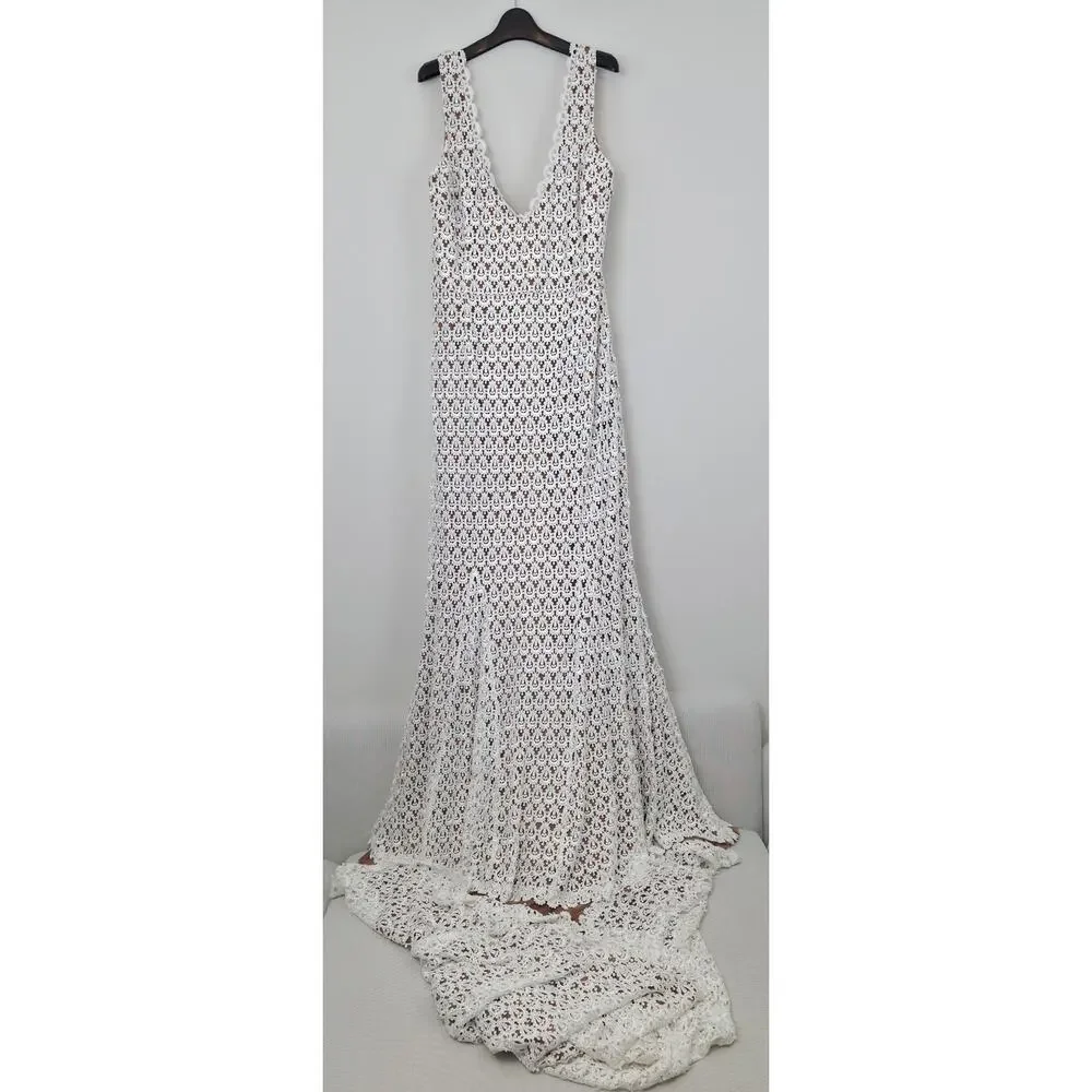 Daughters of Simone Anthro Nude Nev Crochet Lace Wedding Lined Boho Gown 4XL - Picture 2 of 12